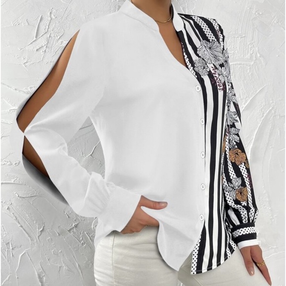 Elegant Striped Floral Print Long Sleeve Button Down Shirt Top Blouse White - Picture 3 of 16
